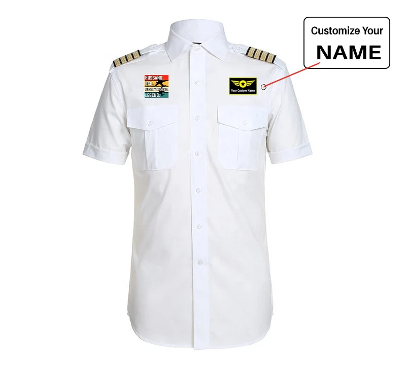 Husband & Dad & Aircraft Mechanic & Legend aviation design printed on crisp poplin cotton pilot uniform shirt.