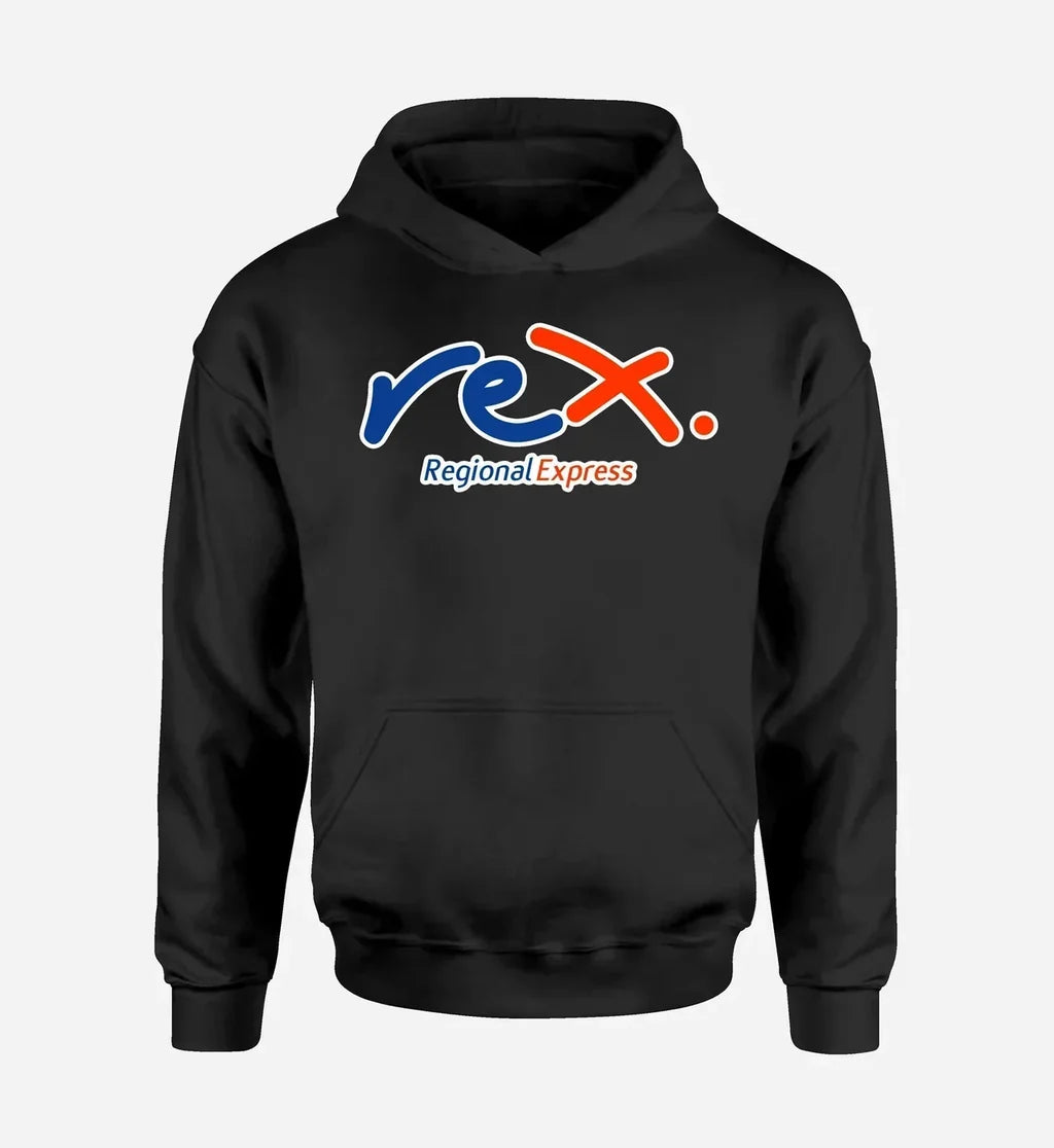 Rex Airlines logo printed on black hoodie