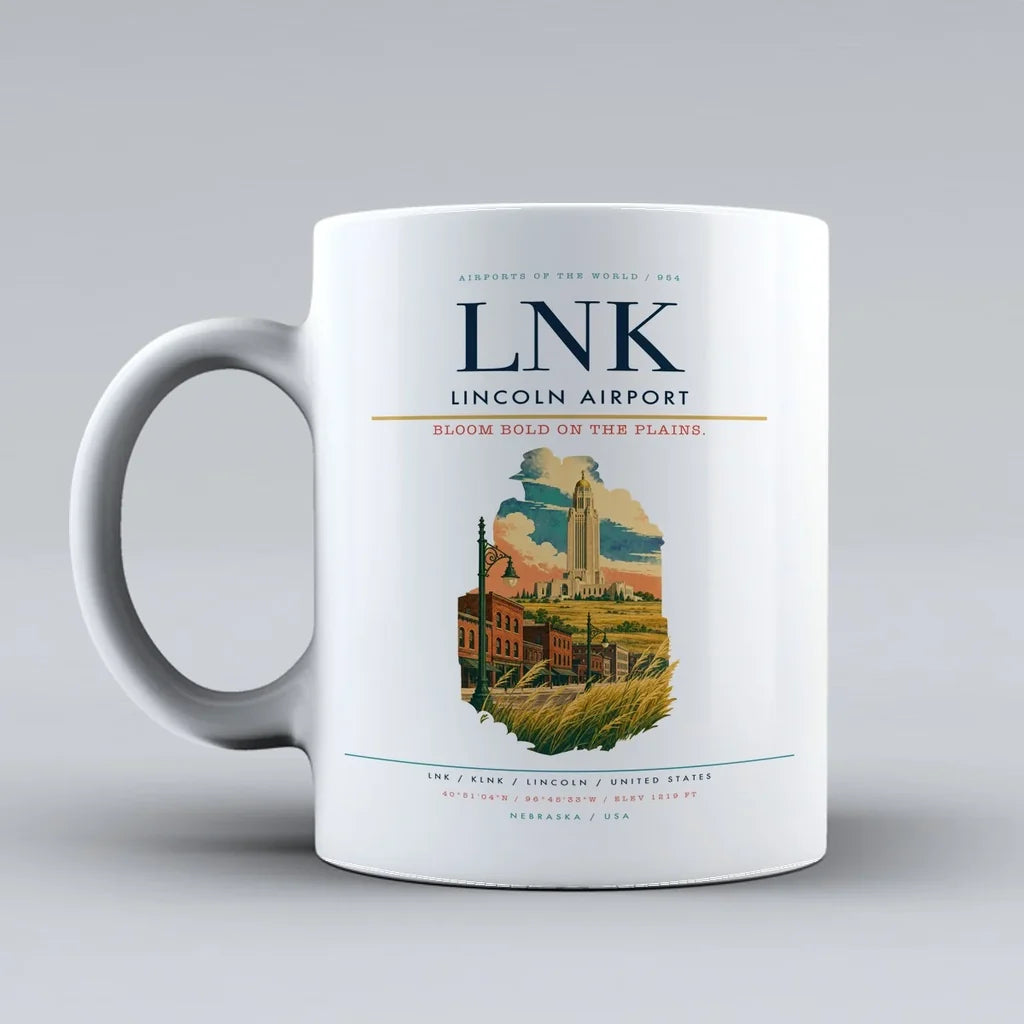 Lincoln Airport (LNK) airport code design on white ceramic mug