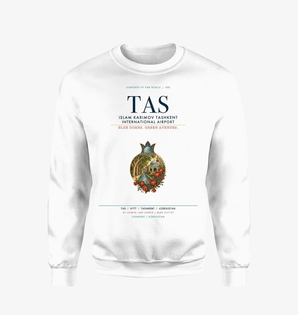 Islam Karimov Tashkent International Airport (TAS) design on white sweatshirt