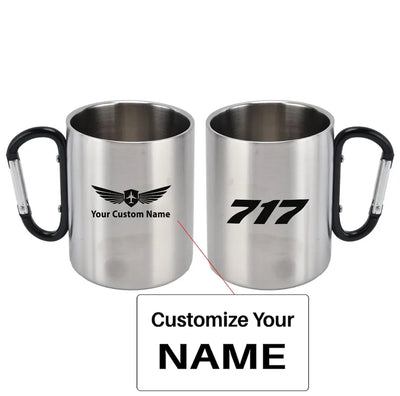 Boeing 717 Flat Text aviation design on outdoor mug, durable insulated construction.