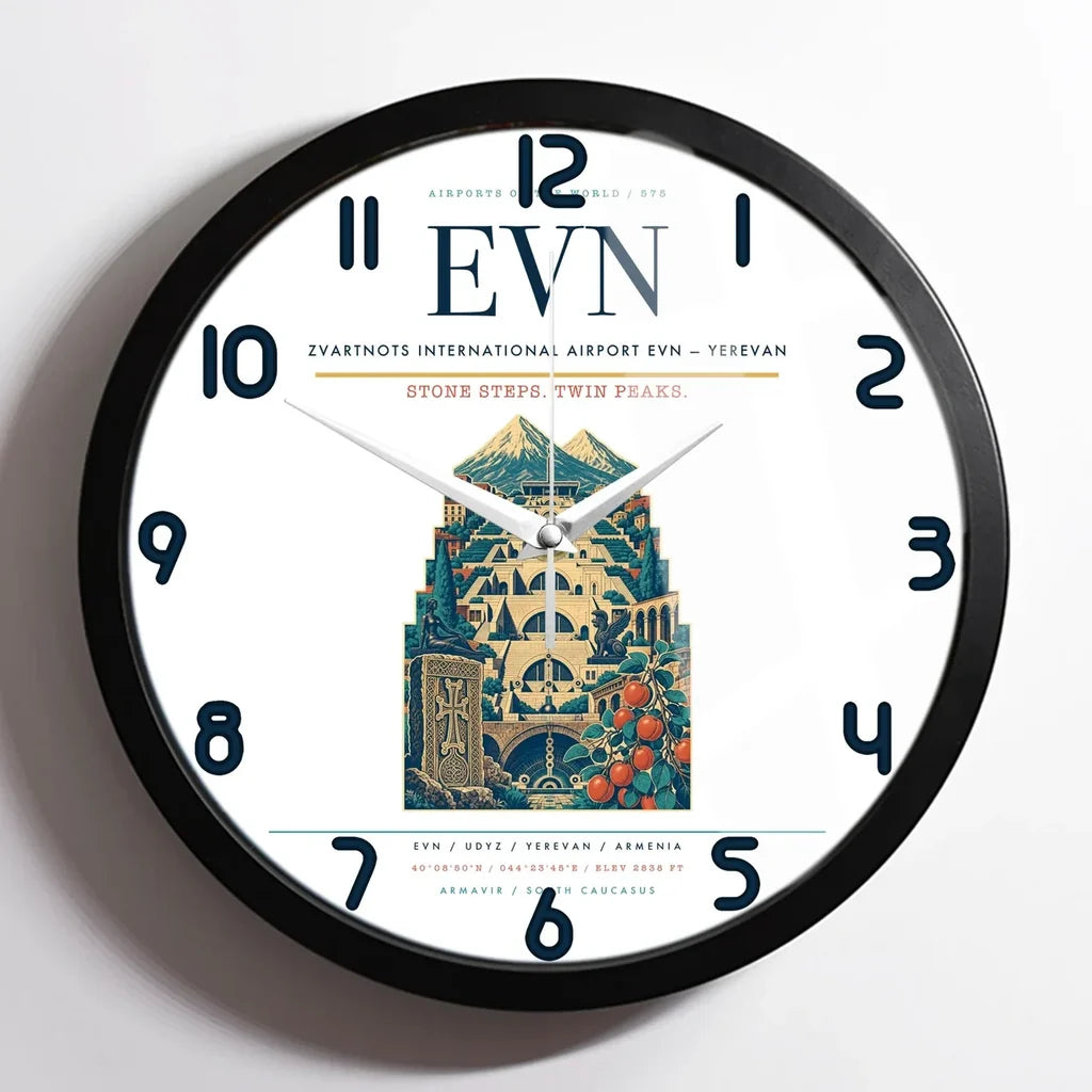 Zvartnots International Airport (EVN) design on white framed wall clock