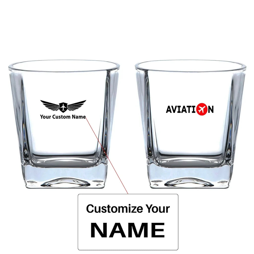 Aviation design on whiskey glass, crystal-clear premium glassware.