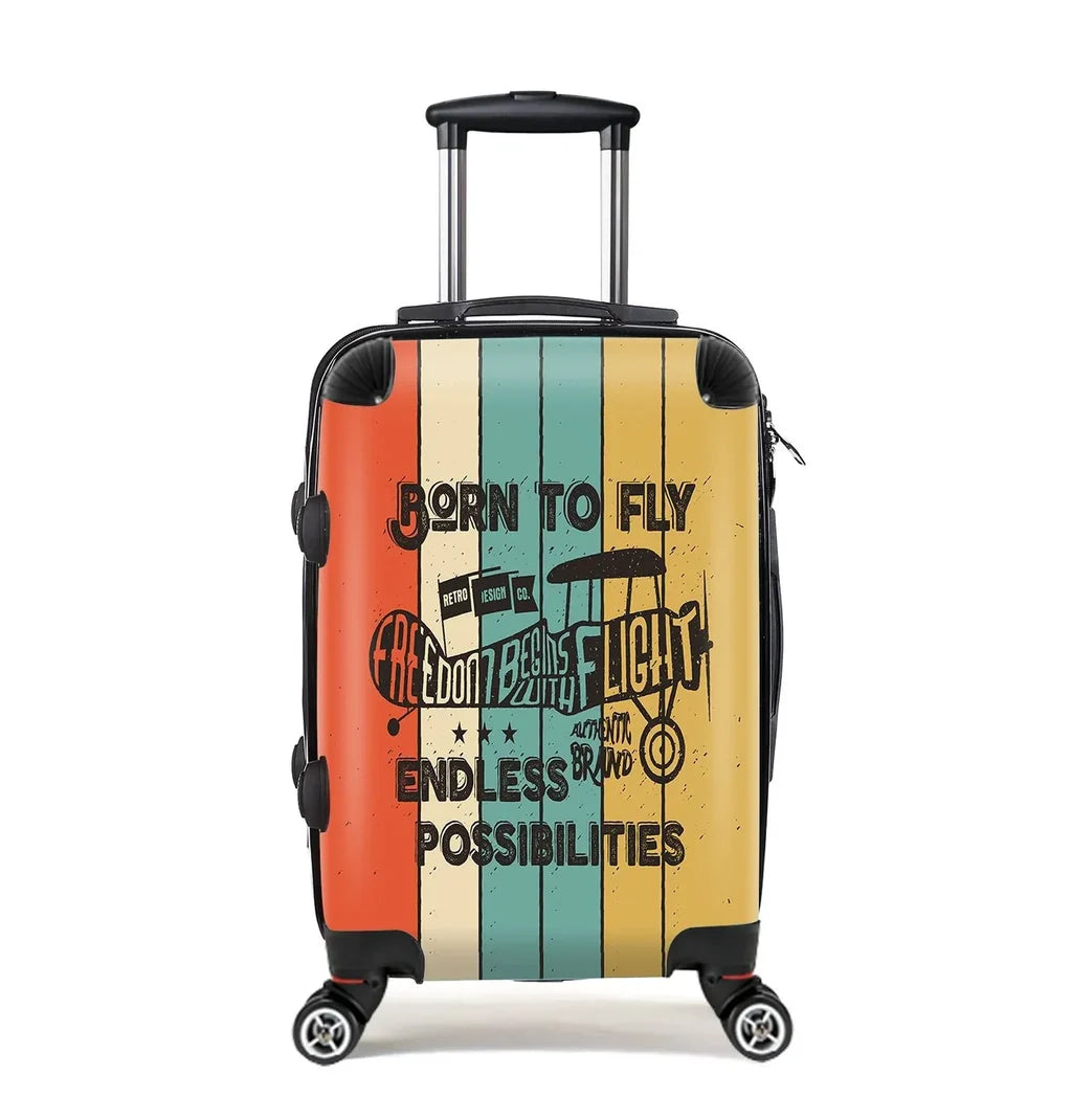 Colourful Born To Fly Cabin Size aviation design luggage, durable shell construction.