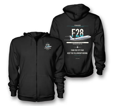 Fokker F28 Mark 4000 Fellowship design on black zipped hoodie