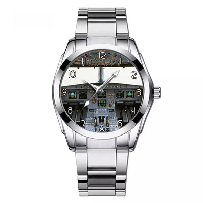 Airbus A320 Cockpit (Wide) aviation watch with stainless steel band, stainless steel body with engraved detail.