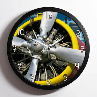 Double-Decker Airplane's Propeller aviation design on premium wood and metal wall clock.