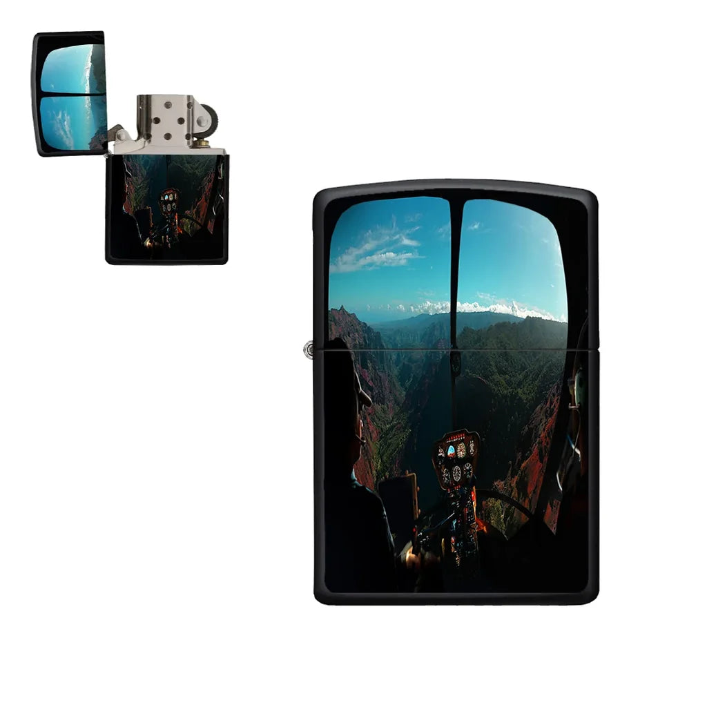 Beautiful Scenary Through Helicopter Cockpit aviation metal lighter in premium metal alloy.