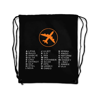 Aviation Alphabet 2 aviation drawstring bag in lightweight polyester.