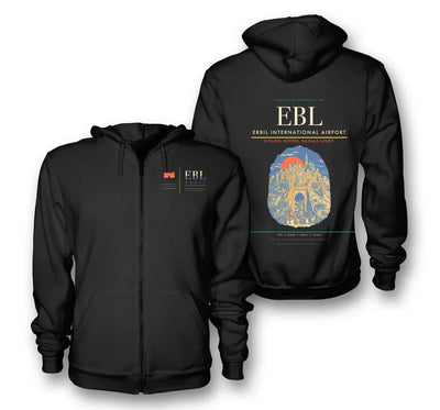 Erbil Airport (EBL) design on black premium zipped hoodie