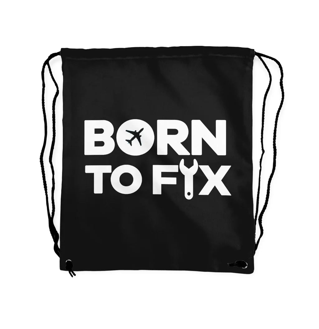 Born To Fix Airplanes aviation drawstring bag in lightweight polyester.