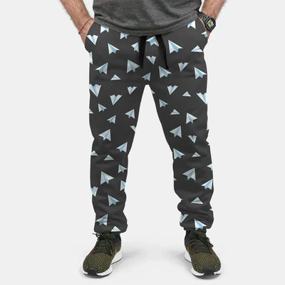Paper Airplanes (Gray) aviation design on soft cotton blend 3D-printed sweatpants.