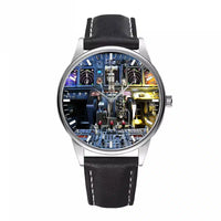 Thumbnail for Boeing 737 Cockpit aviation-themed watch with leather strap, polished leather strap.