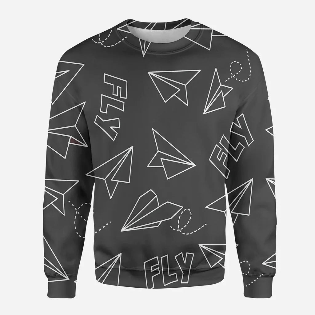 Paper Airplane & Fly (Gray) aviation design printed on soft cotton blend 3D sweatshirt.