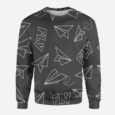 Paper Airplane & Fly (Gray) aviation design printed on soft cotton blend 3D sweatshirt.