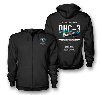 DHC-3 Otter design on black premium zipped hoodie, double-side print