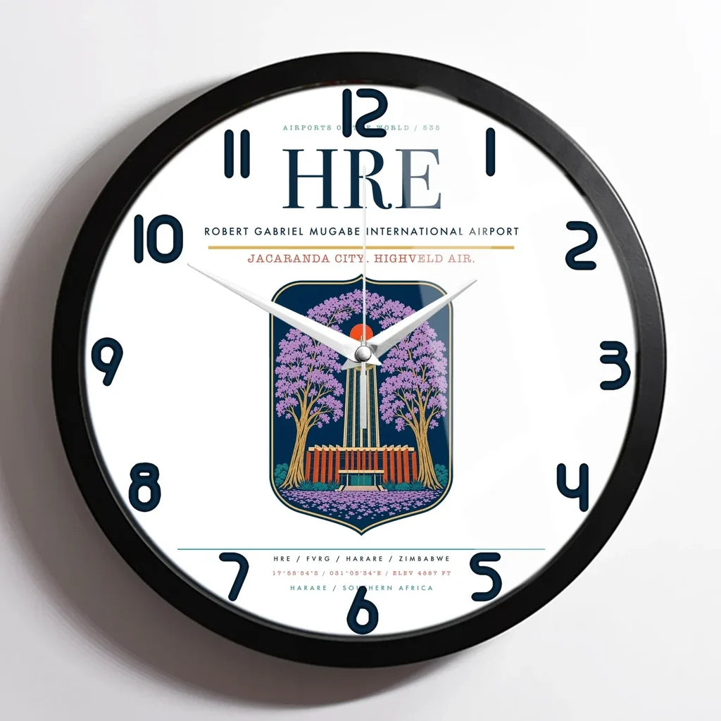 Robert Gabriel Mugabe International Airport (HRE) design on white framed wall clock