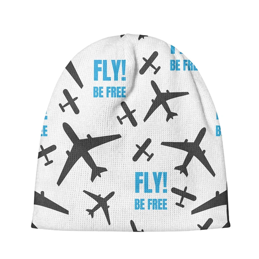 Fly Be Free White aviation embroidery on soft knit fabric 3D knit beanie.