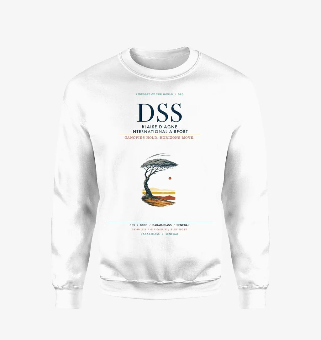 Blaise Diagne International Airport (DSS) design on white sweatshirt