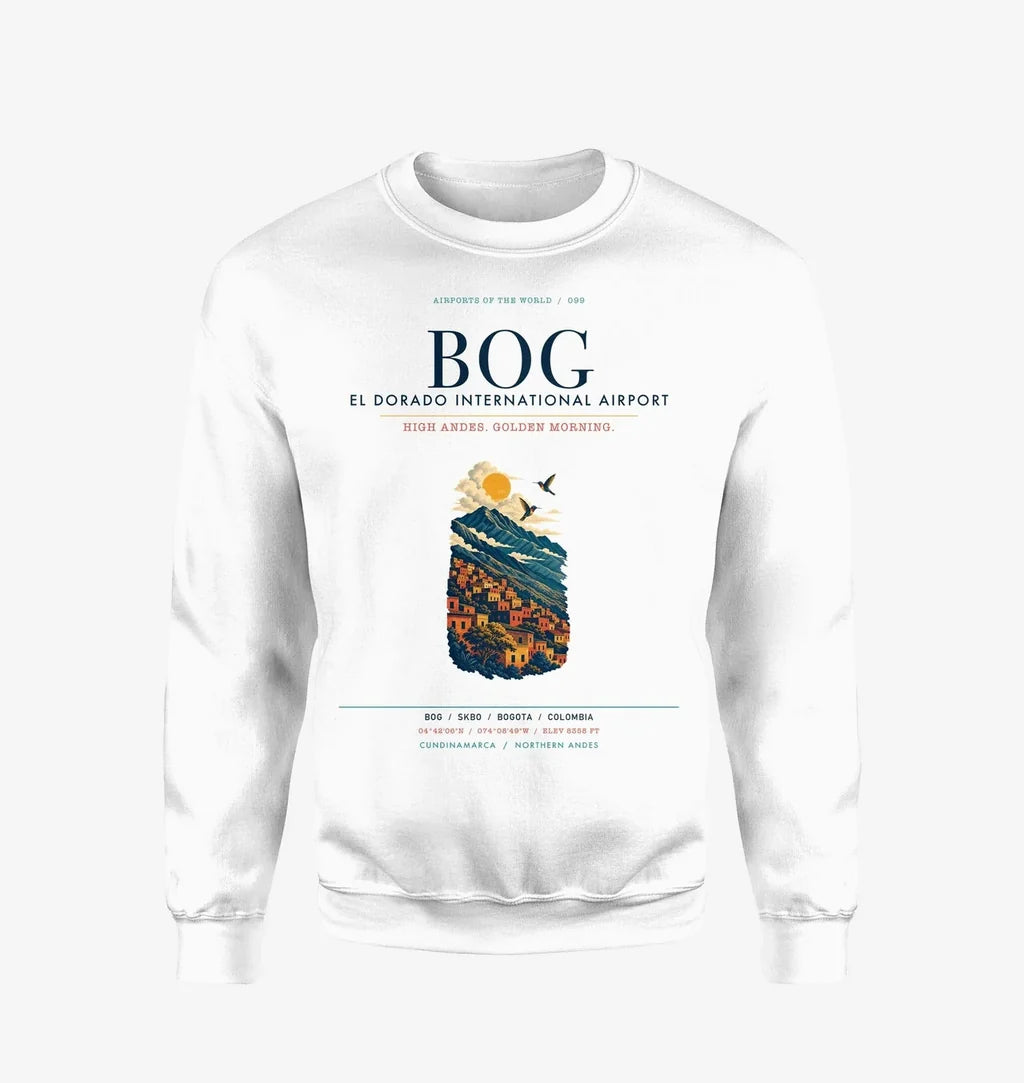 Bogota El Dorado International Airport (BOG) design on white sweatshirt