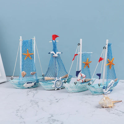 Side view of 4pc 5.9 in Blue Marine Nautical Wooden Sailboat Model Ornament aviation model ship in diecast metal or wood with.