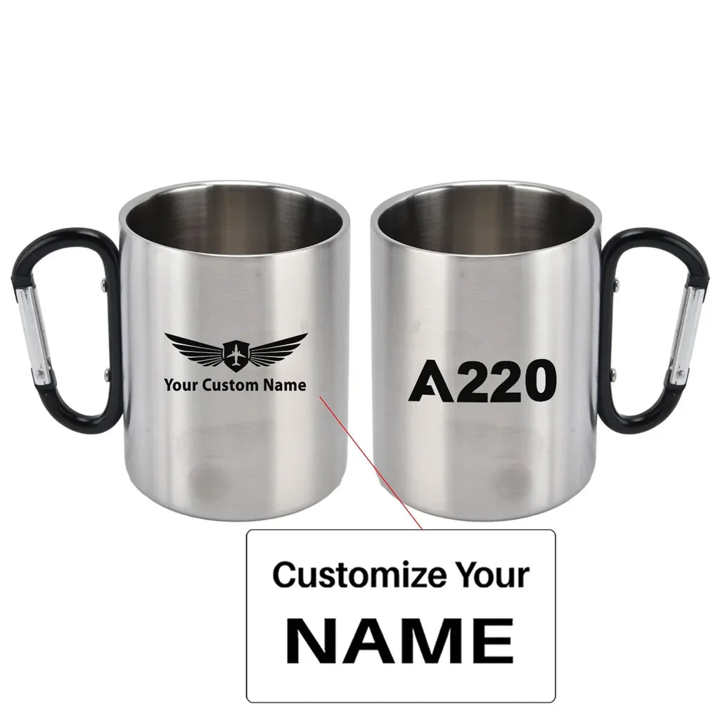 Airbus A220 Flat Text aviation design on outdoor mug, durable insulated construction.