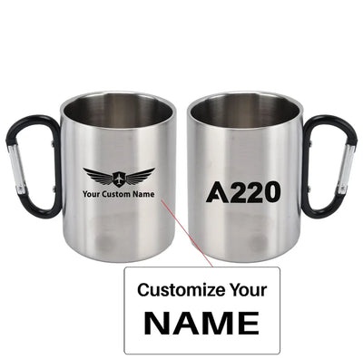 Airbus A220 Flat Text aviation design on outdoor mug, durable insulated construction.