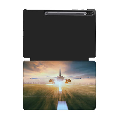 Airplane Flying Over Runway aviation themed tablet case for Samsung tablet.
