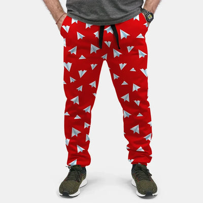 Paper Airplanes (Red) aviation design on soft cotton blend 3D-printed sweatpants.