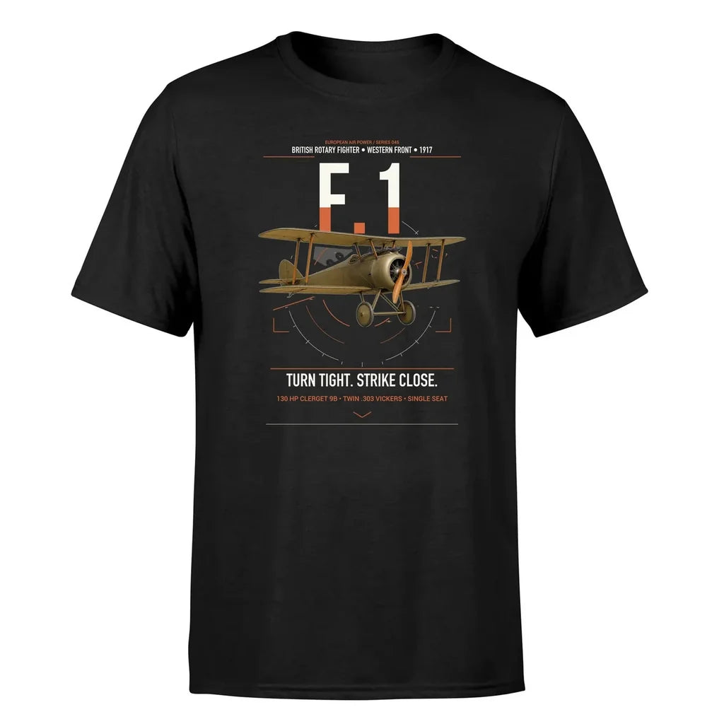 Sopwith Camel F.1 design on black t-shirt, single-side print