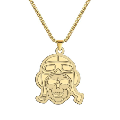 Side view of Skeleton aviation hollow necklace in polished metal, polished finish.