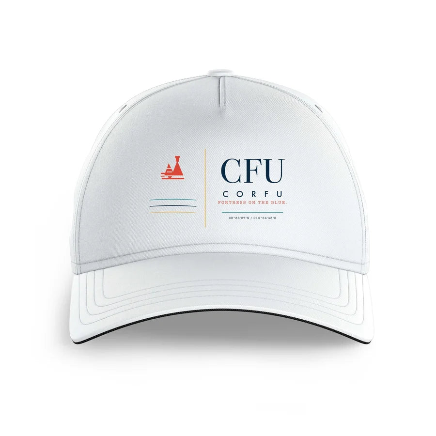 Corfu International Airport 'Ioannis Kapodistrias' (CFU) design on white printed hat