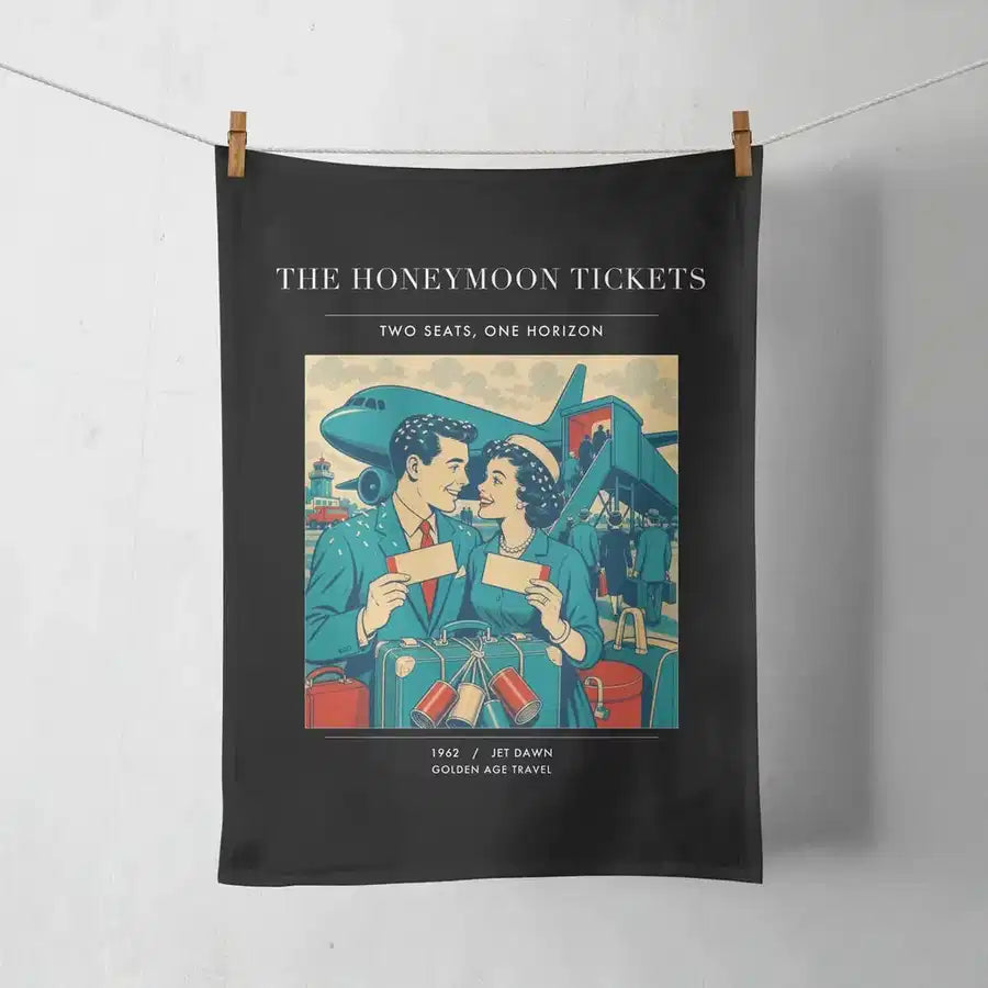 VINTAGE G4227 - The Honeymoon Tickets - Designed Towels design on black