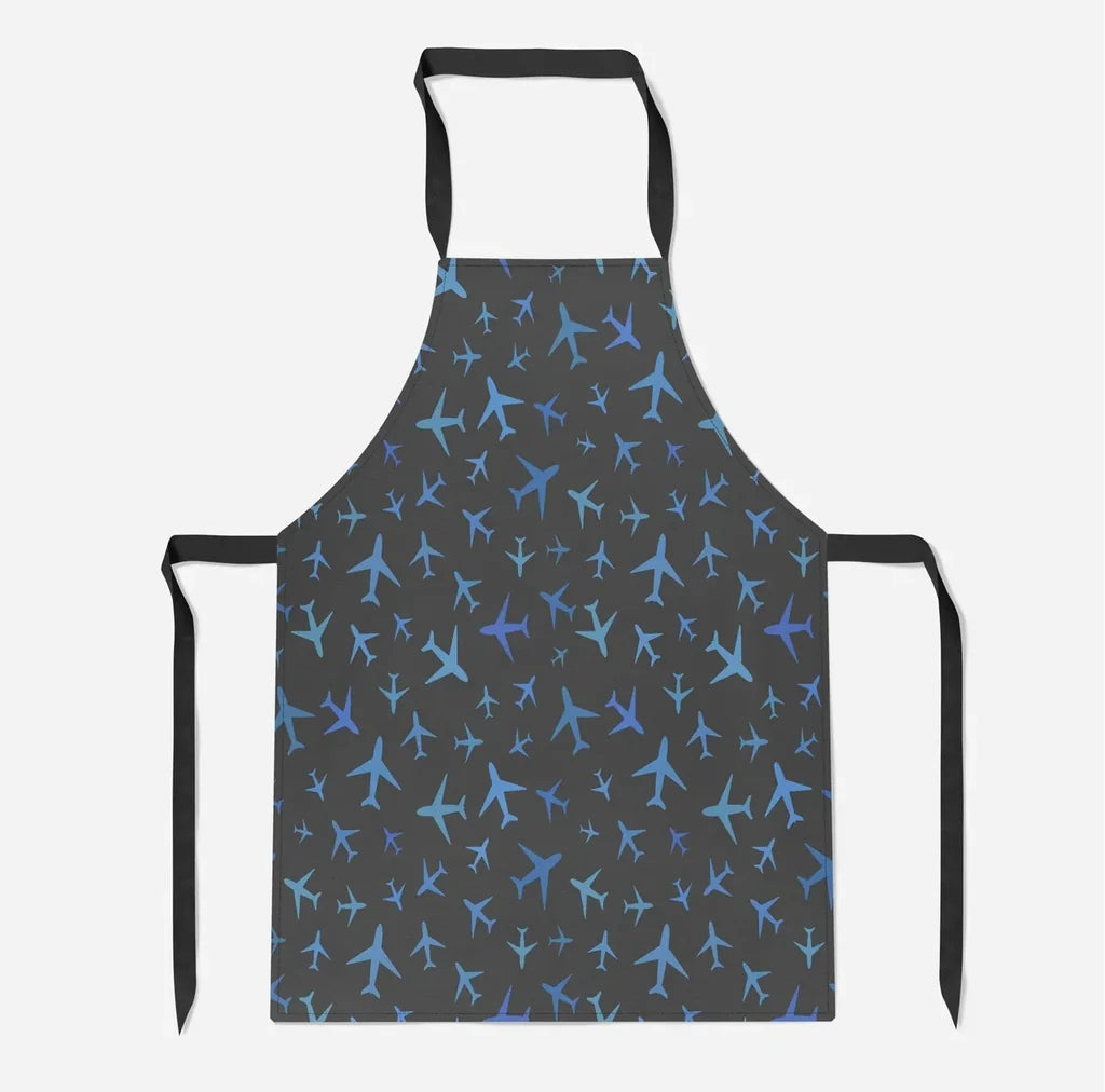 Many Airplanes Gray aviation design on durable cotton blend kitchen apron.