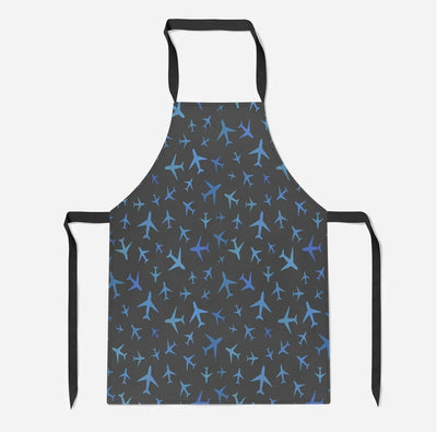 Many Airplanes Gray aviation design on durable cotton blend kitchen apron.
