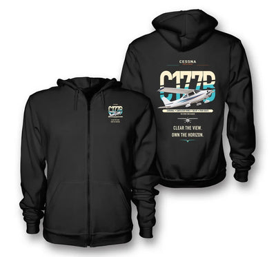 Cessna 177B Cardinal design on black premium zipped hoodie, double-side print