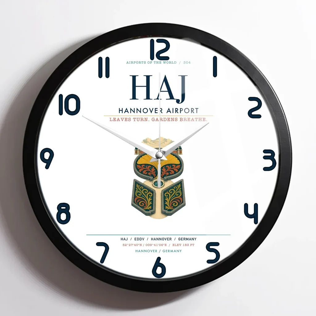 Hannover Airport (HAJ) design on white framed wall clock