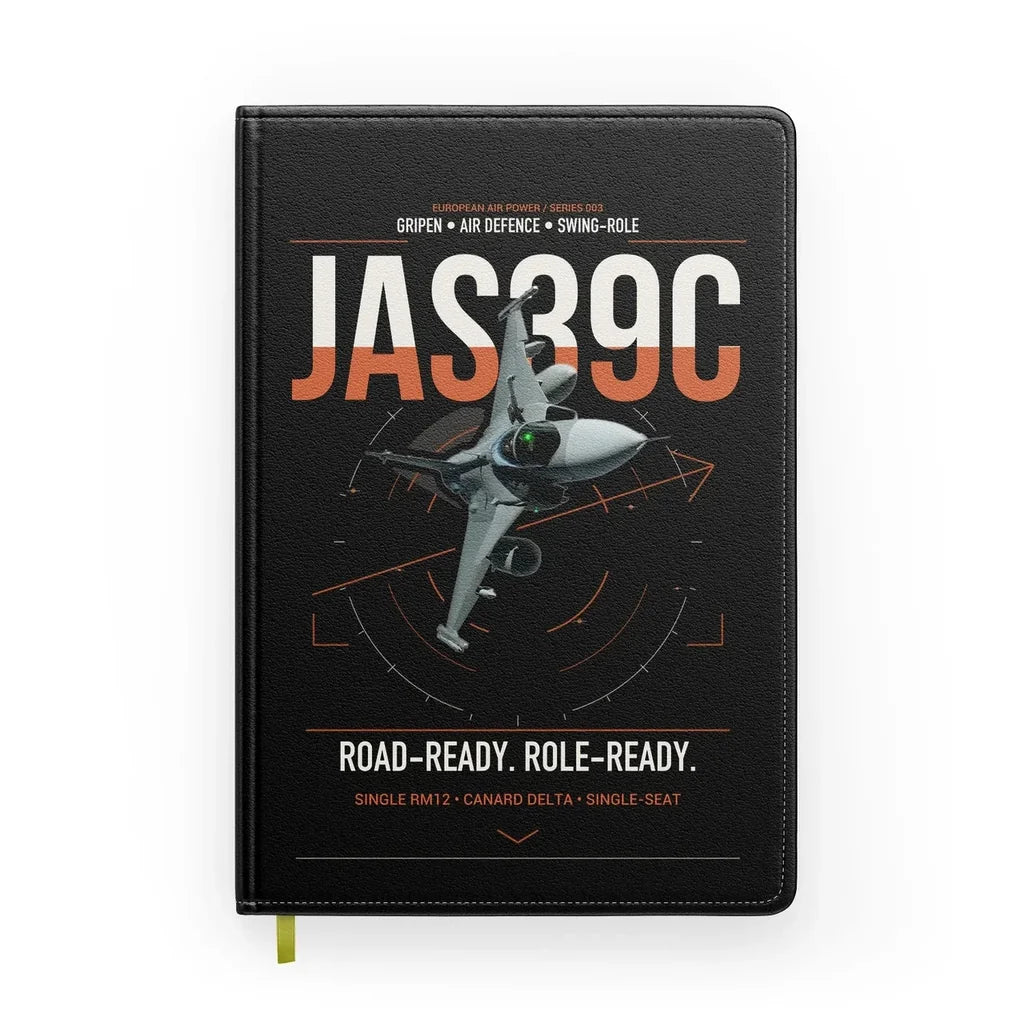 Saab JAS 39C Gripen design on black notebook