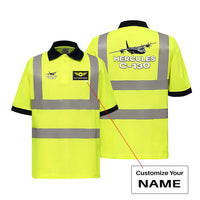 Thumbnail for The Military Transport Airplane C 130 aviation design printed on soft cotton reflective polo shirt.