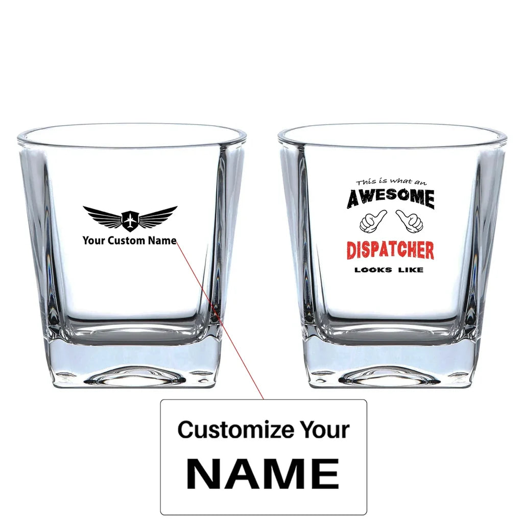 Dispatcher aviation design on whiskey glass, crystal-clear premium glassware.