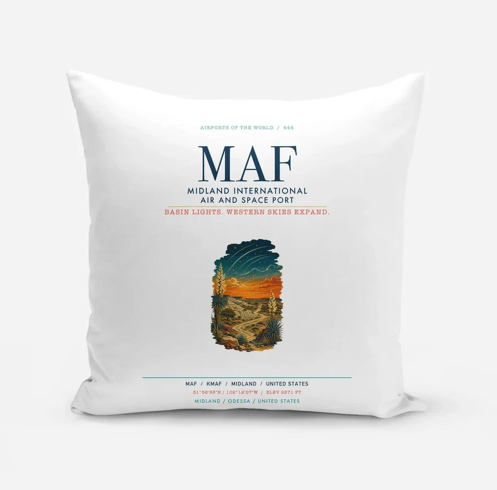 Midland International Air and Space Port (MAF) design on white pillow
