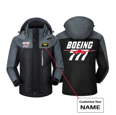 Amazing Boeing 777 aviation design printed on heavyweight insulated shell thick winter jacket.