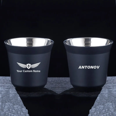 Antonov & Text aviation design on double-wall coffee mug, vacuum-insulated double-wall.