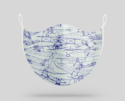 Amazing Drawings of Old Aircrafts aviation face mask in breathable cotton blend.