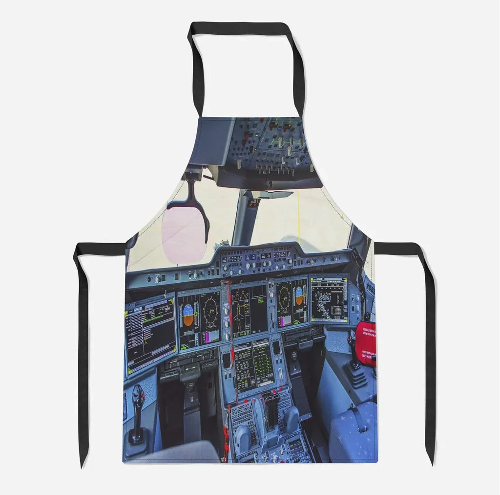 Airbus A350 Cockpit aviation design on durable cotton blend kitchen apron.
