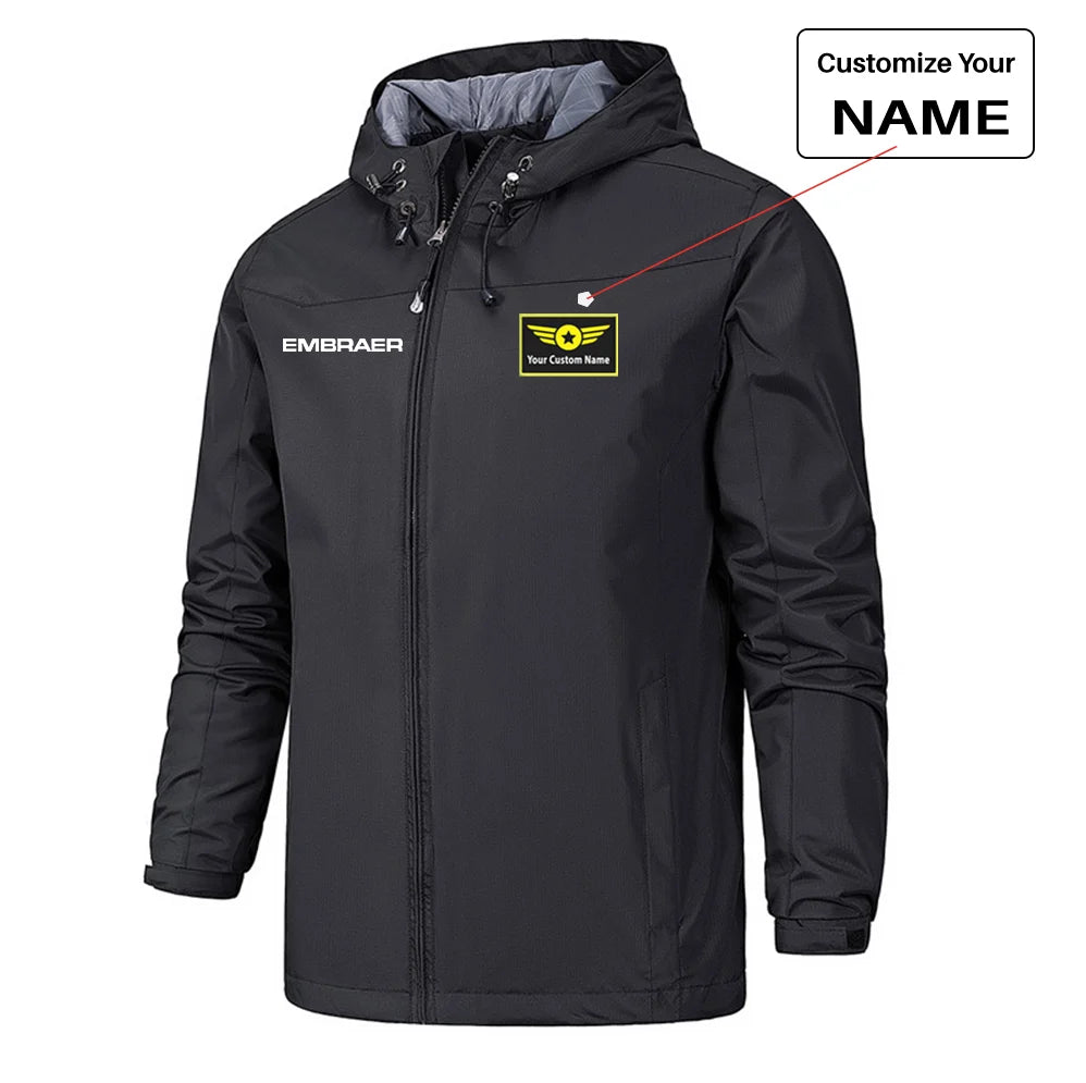 Embraer & Text Rain Jackets & Windbreakers aviation design printed on waterproof shell with sealed seams small-logo rain jacket.