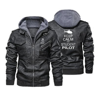 Thumbnail for Student Pilot (Helicopter) aviation design printed on genuine leather with detachable hood hooded leather jacket.