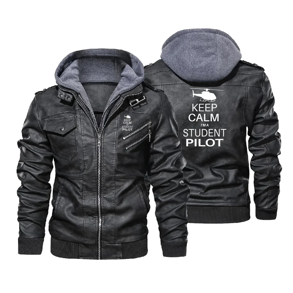 Student Pilot (Helicopter) aviation design printed on genuine leather with detachable hood hooded leather jacket.
