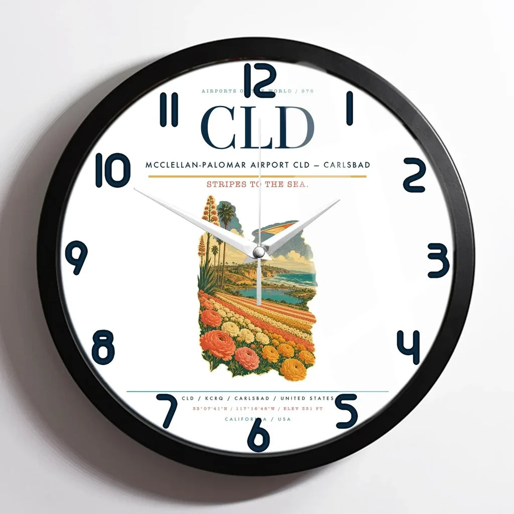 McClellan-Palomar Airport (CLD) design on white framed wall clock