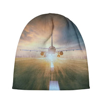Thumbnail for Airplane Flying Over Runway aviation embroidery on soft knit fabric 3D knit beanie.